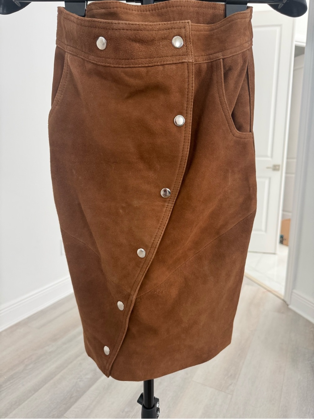 Snap-Front Brown Suede Pencil Skirt